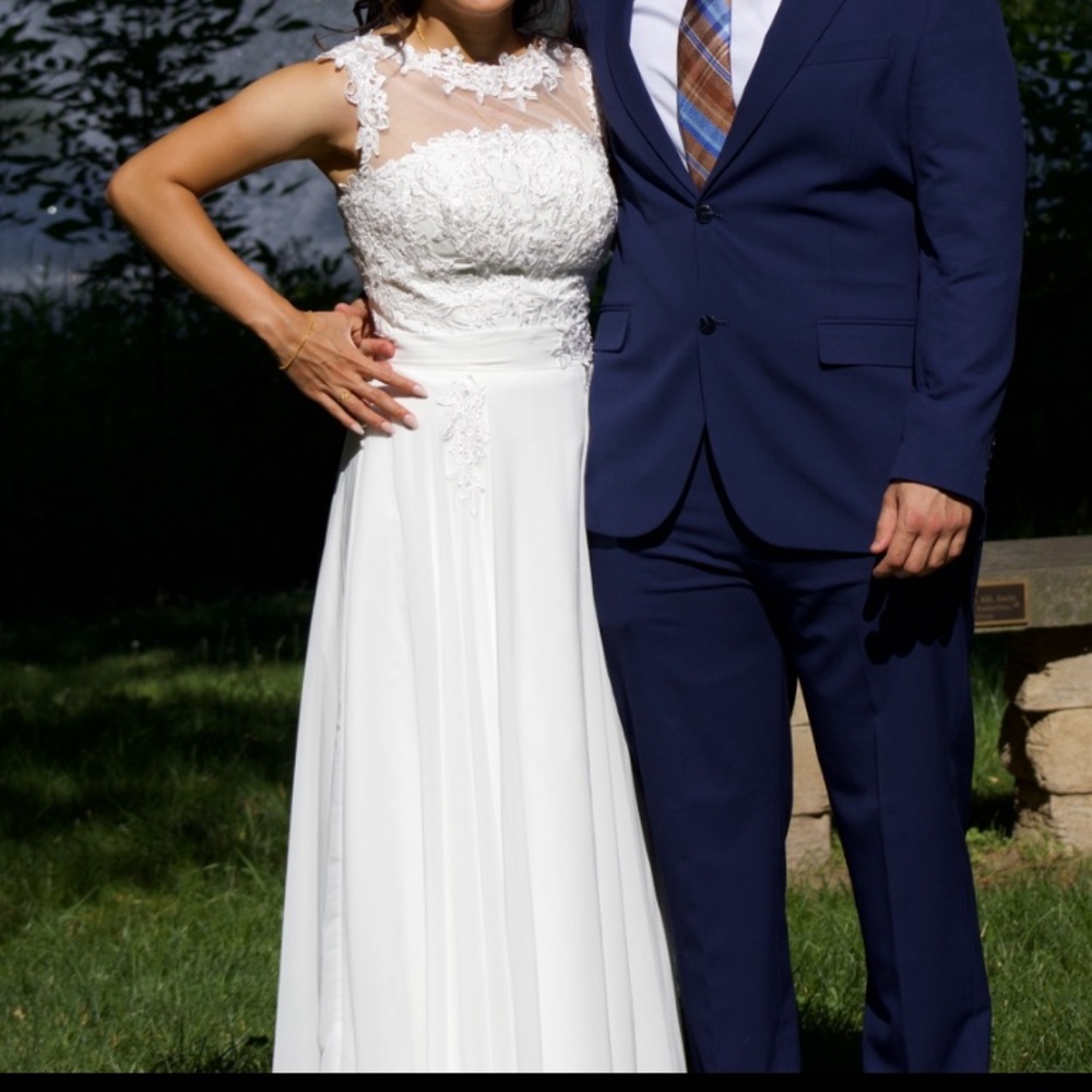 Floral Lace Sequined Chiffon White Wedding Prom Dress
